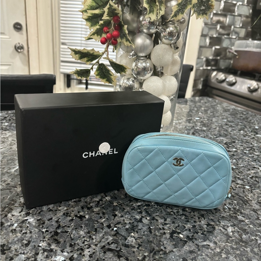 Authentic Chanel Caviar Quilted small Curvy Pouch Cosmetic Case Blue.